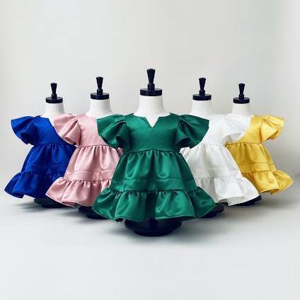 Flower Girl Dress - Satin Party Gown - Handmade Ruffle Girls Boutique Dress