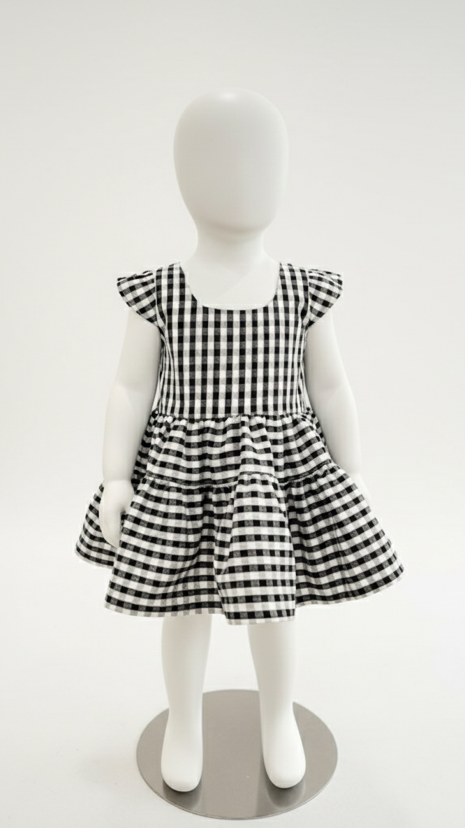 Handmade black and white gingham tiered children's dress with cap sleeves on a white mannequin.