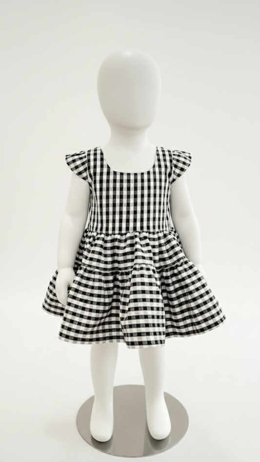 Handmade black and white gingham tiered children's dress with cap sleeves on a white mannequin.
