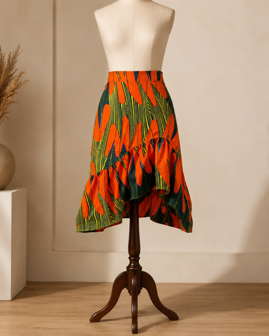 A high-low ruffled skirt with an orange and green tulip pattern, displayed on a cream mannequin torso over a dark wood stand in a warm indoor setting.