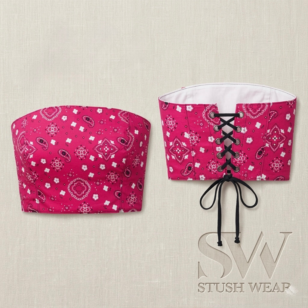 Two pink bandeau tops with bandana pattern on a beige background, branded 'Stush Wear'.