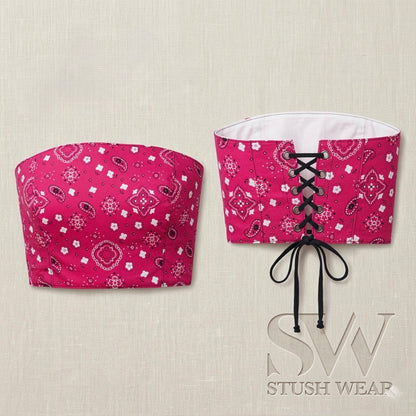 Two pink bandeau tops with bandana pattern on a beige background, branded 'Stush Wear'.