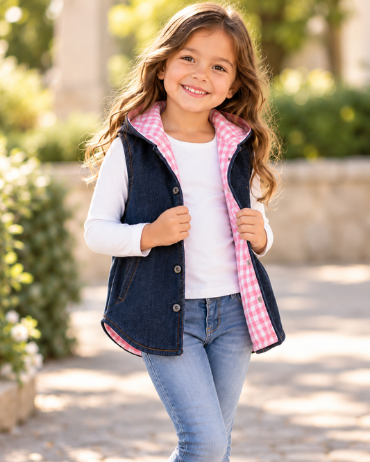 Front view of girls dark indigo denim hooded vest with pink gingham lining and snap closure