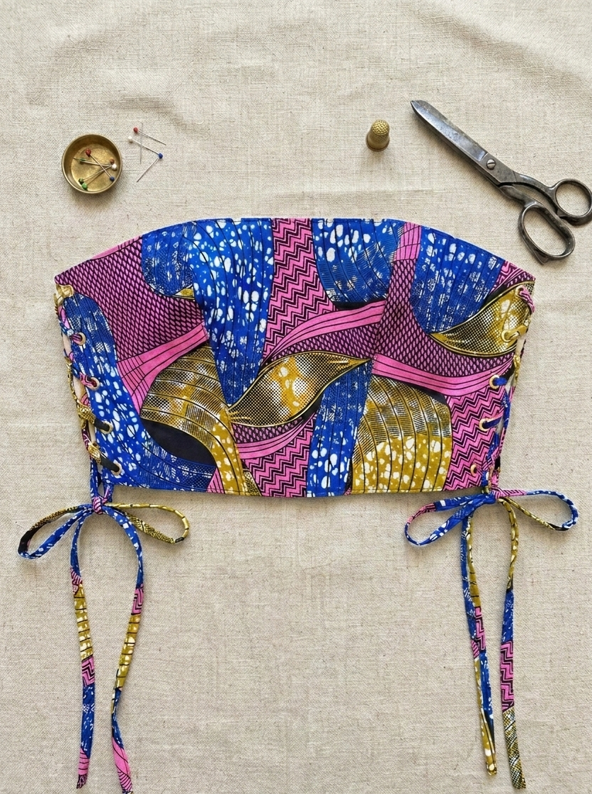 Colorful African Print patterned Corset Crop Top with ties on a beige fabric background