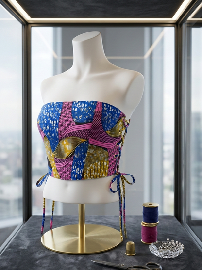 Colorful African Print strapless top on a mannequin with sewing tools in a glass display case.