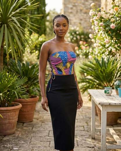 Woman wearing a colorful African print strapless top and black skirt in an outdoor setting with plants and a table.