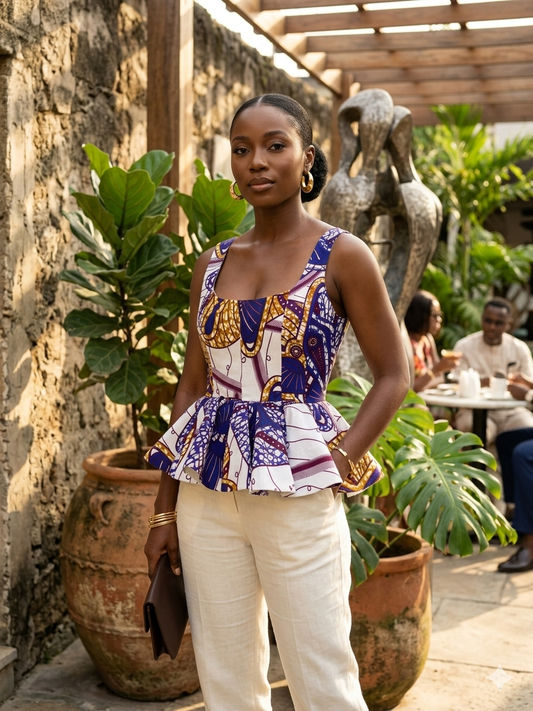 A woman stands in an outdoor patio setting wearing a sleeveless peplum top with a purple, white, and gold patterned print, paired with cream-colored pants.