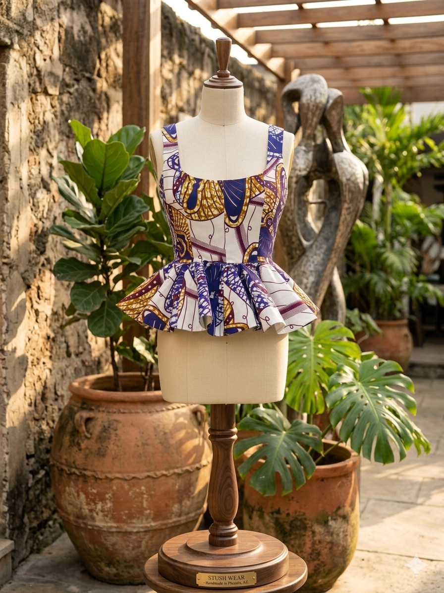 A sleeveless peplum top with a colorful abstract print in purple, gold, and white, displayed on a cream mannequin torso set on a wooden stand in an outdoor garden patio setting.