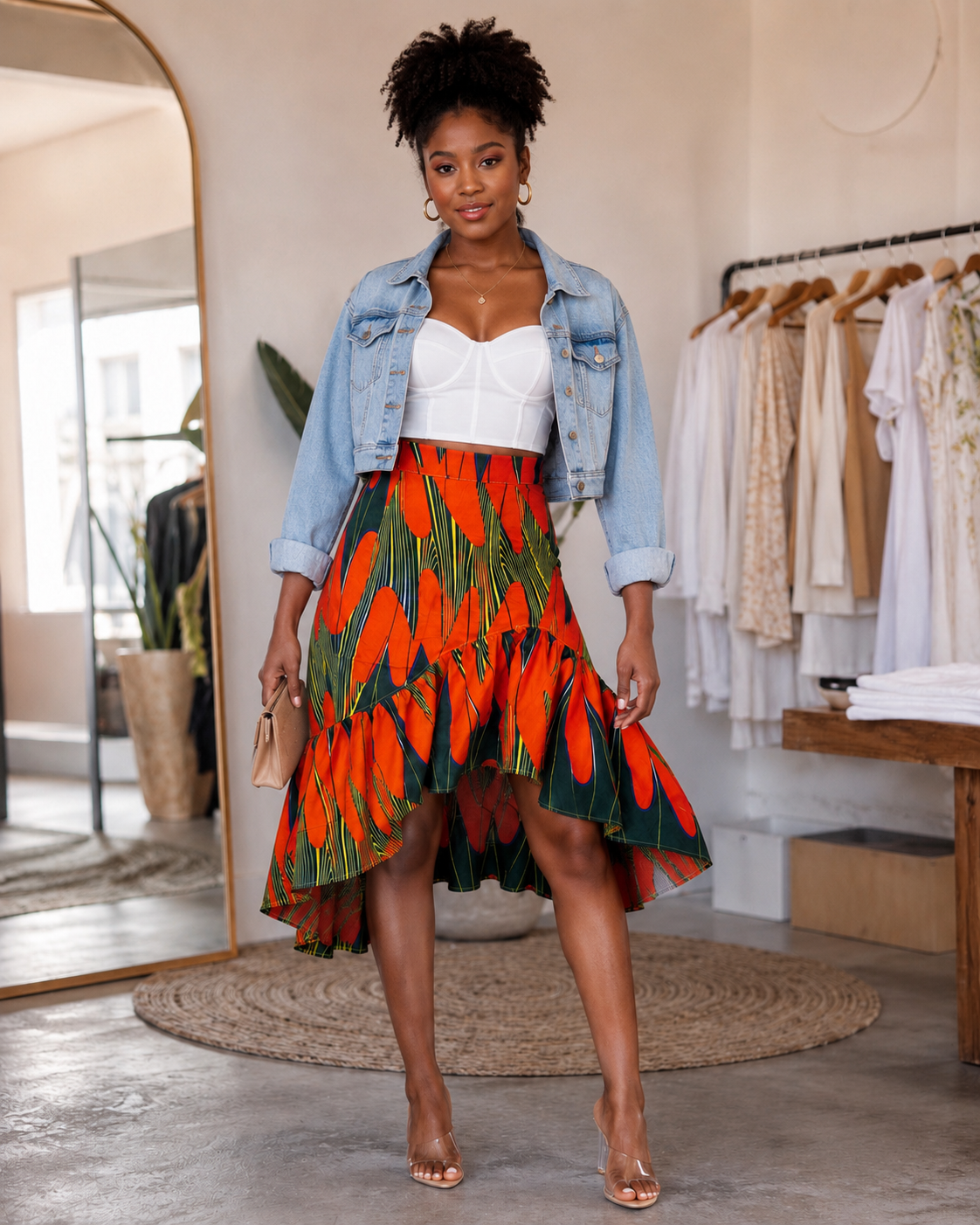 A woman models a vibrant orange and green patterned high-low skirt paired with a white bandeau top, a light blue denim jacket, and clear high-heeled sandals inside a boutique.