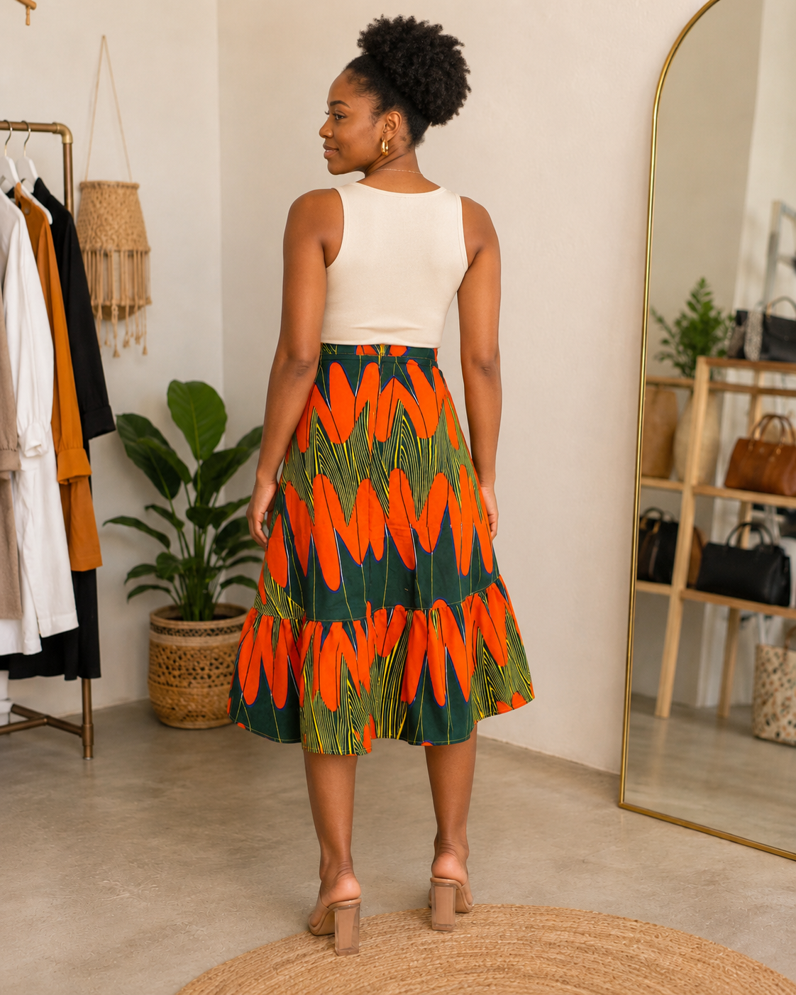 A woman stands in a boutique wearing a sleeveless white top and a high-waisted A-line midi skirt with a bold orange, green, and dark teal zigzag pattern. She is shown from the back, standing on a round jute rug.