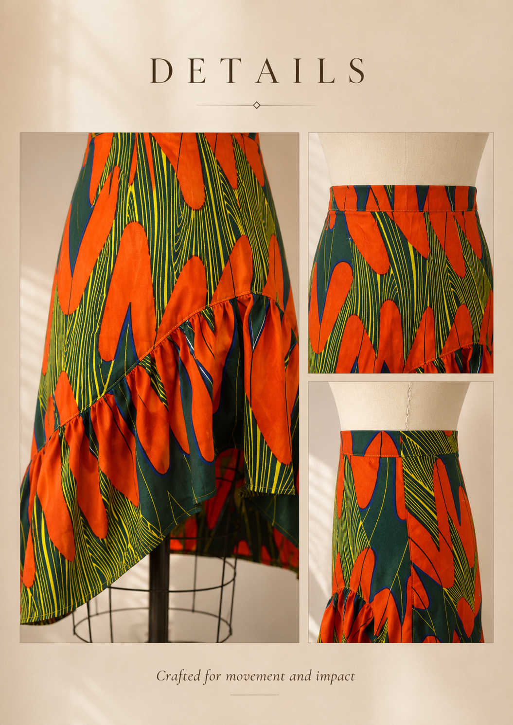 A three-panel product detail collage showing a high-waisted wrap skirt on a mannequin. The left panel shows a close-up of the ruffled side seam and the bold tropical leaf print.