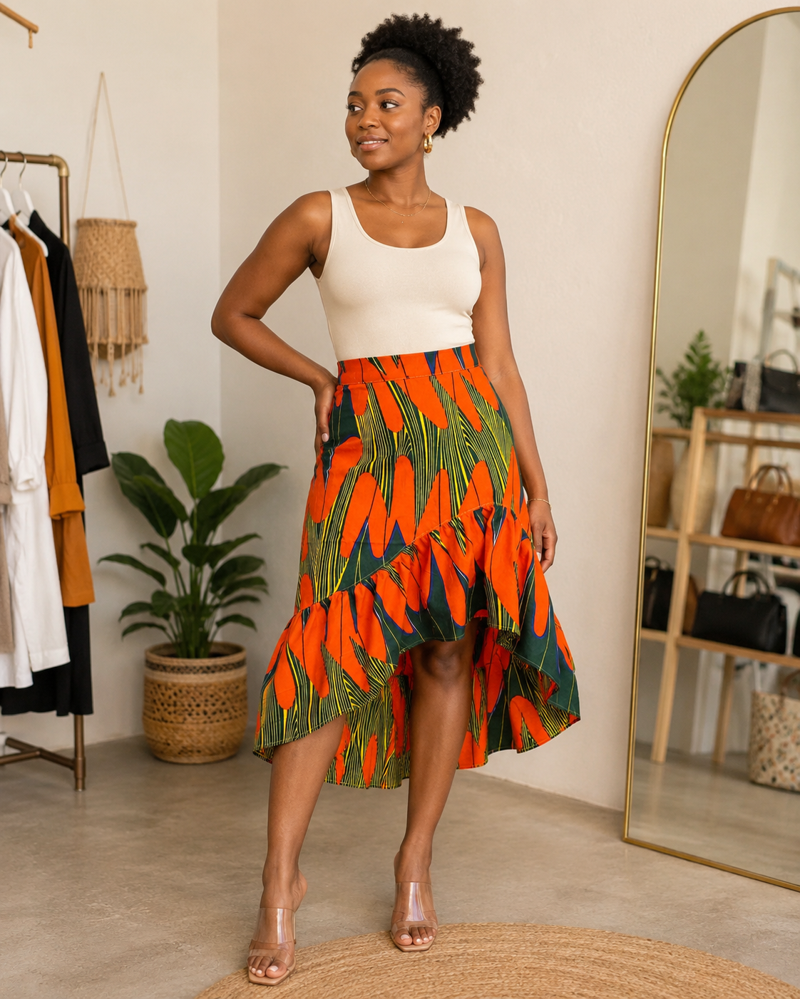 A woman models a sleeveless white ribbed tank top paired with a high-waisted, ruffled midi skirt featuring a bold orange, green, and black leaf pattern. She is standing in a boutique setting with a clothing rack, potted plants, and a large arched mirror in the background.