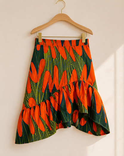 A tiered skirt with an abstract orange and green pattern, hanging from a wooden hanger against a warm beige wall.