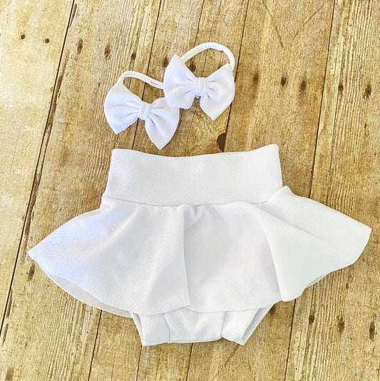 White High Waisted Skirted Baby Bummie | Diaper Cover