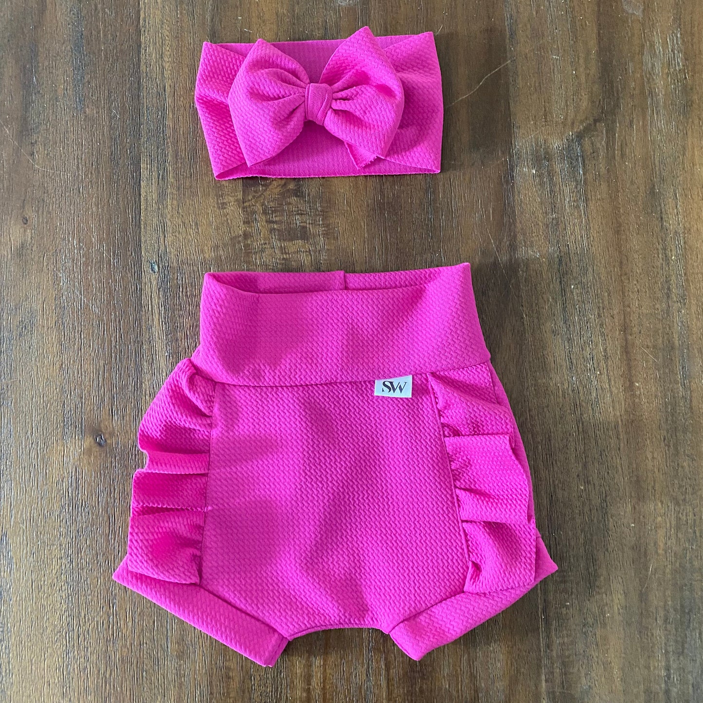 Vibrant Raspberry Ruffle Baby Bummies and Bowheadwrap Set with High Waistband