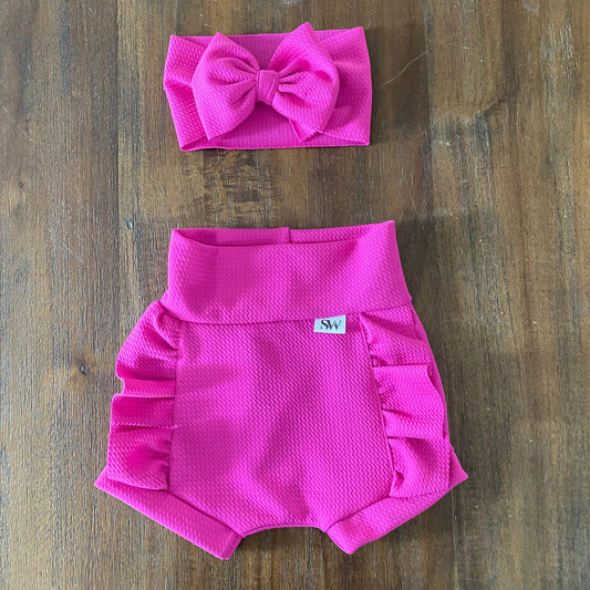 Vibrant Raspberry Ruffle Baby Bummies and Bowheadwrap Set with High Waistband