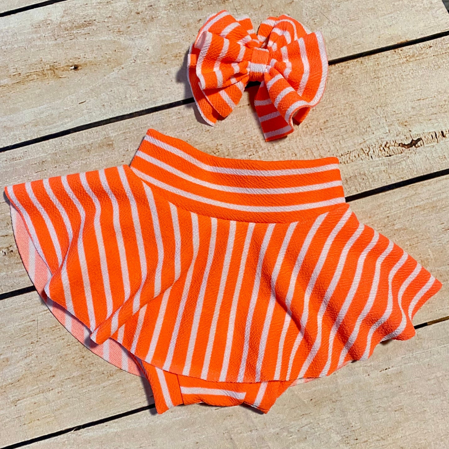 Orange Pin Stripped High Waisted Baby Bummies | Baby Girl Skirted Bummies | White & Orange Bummies | Baby Summer Shorts | Baby Bloomer