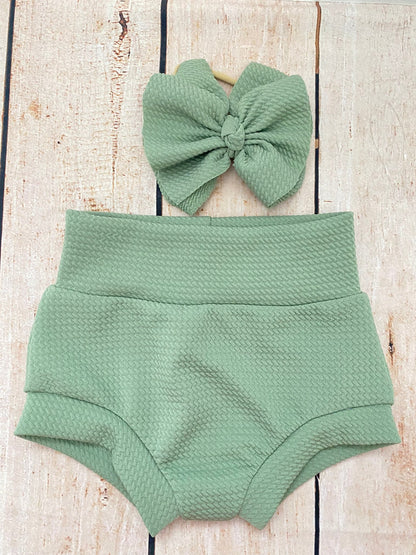 Sage Green High Waisted Baby Bummie Set | Baby Diaper Cover and Headwrap