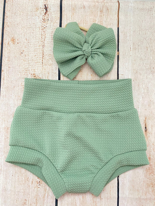 Sage Green High Waisted Baby Bummie Set | Baby Diaper Cover and Headwrap