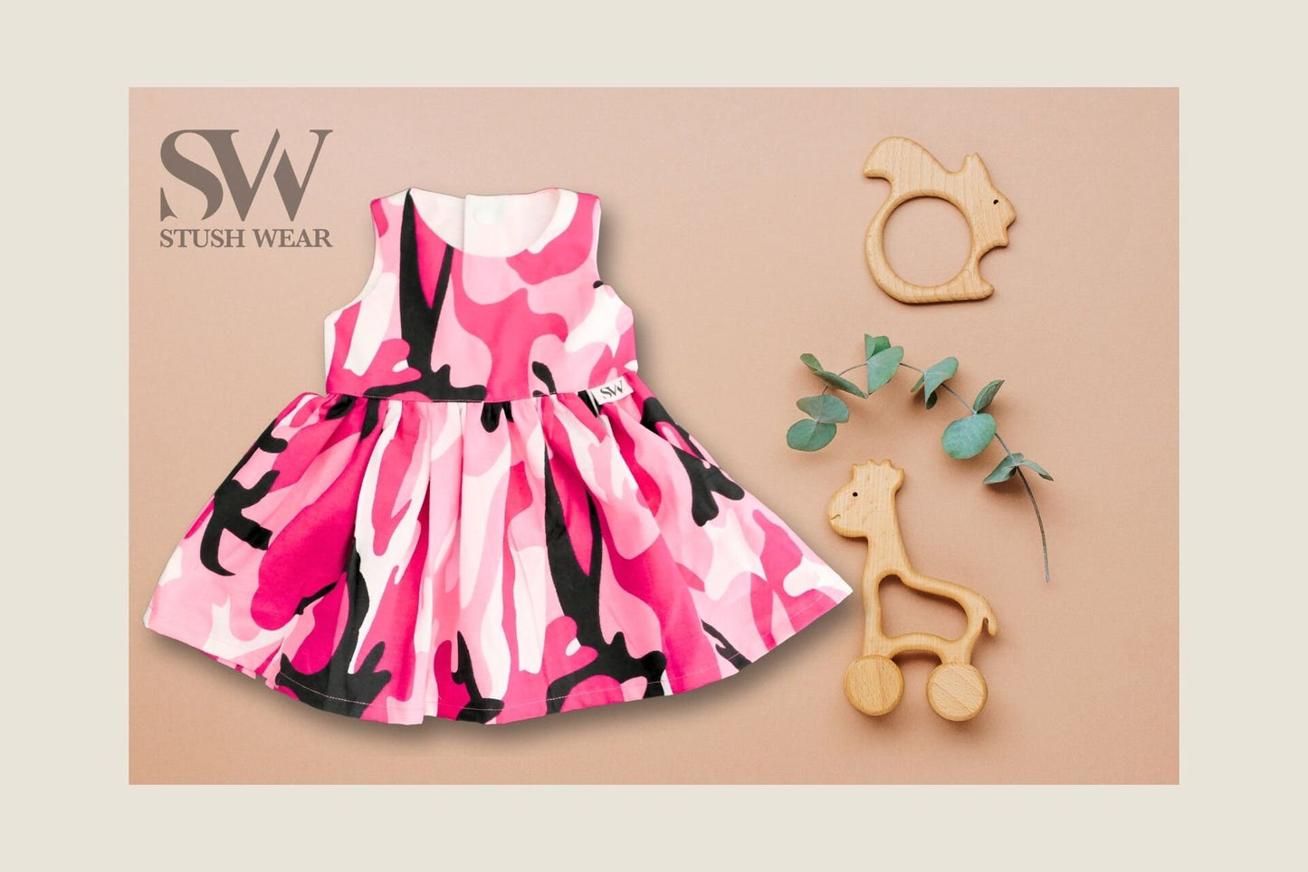 Pink Camo Cotton Dress: Sleeveless Knee Length Gown