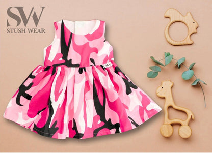 Pink Camo Cotton Dress: Sleeveless Knee Length Gown