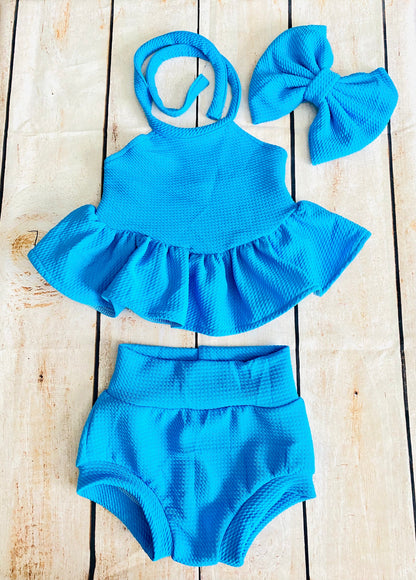 Blue Baby Outfit: Ruffled Halter Top, High Waist Bummies & Headband