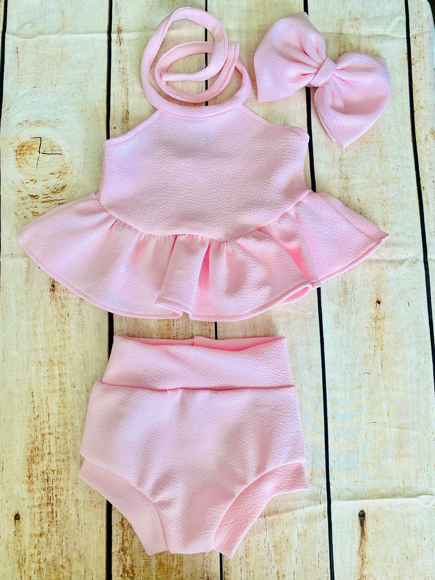 Handmade Pink Baby Outfit: Ruffled Halter Top, High Waist Bummies & Headband
