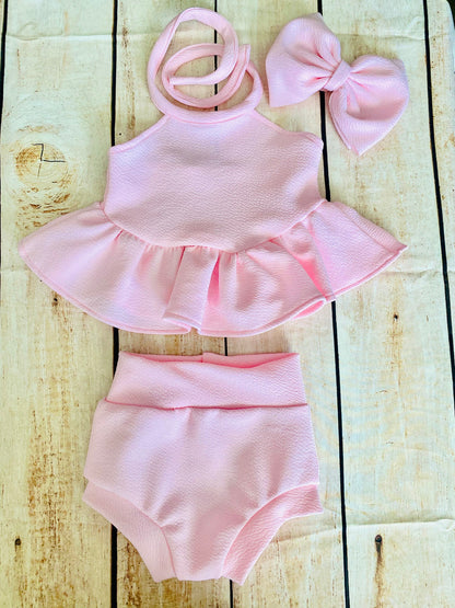 Handmade Pink Baby Outfit: Ruffled Halter Top, High Waist Bummies & Headband