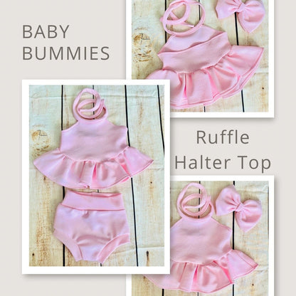 Handmade Pink Baby Outfit: Ruffled Halter Top, High Waist Bummies & Headband