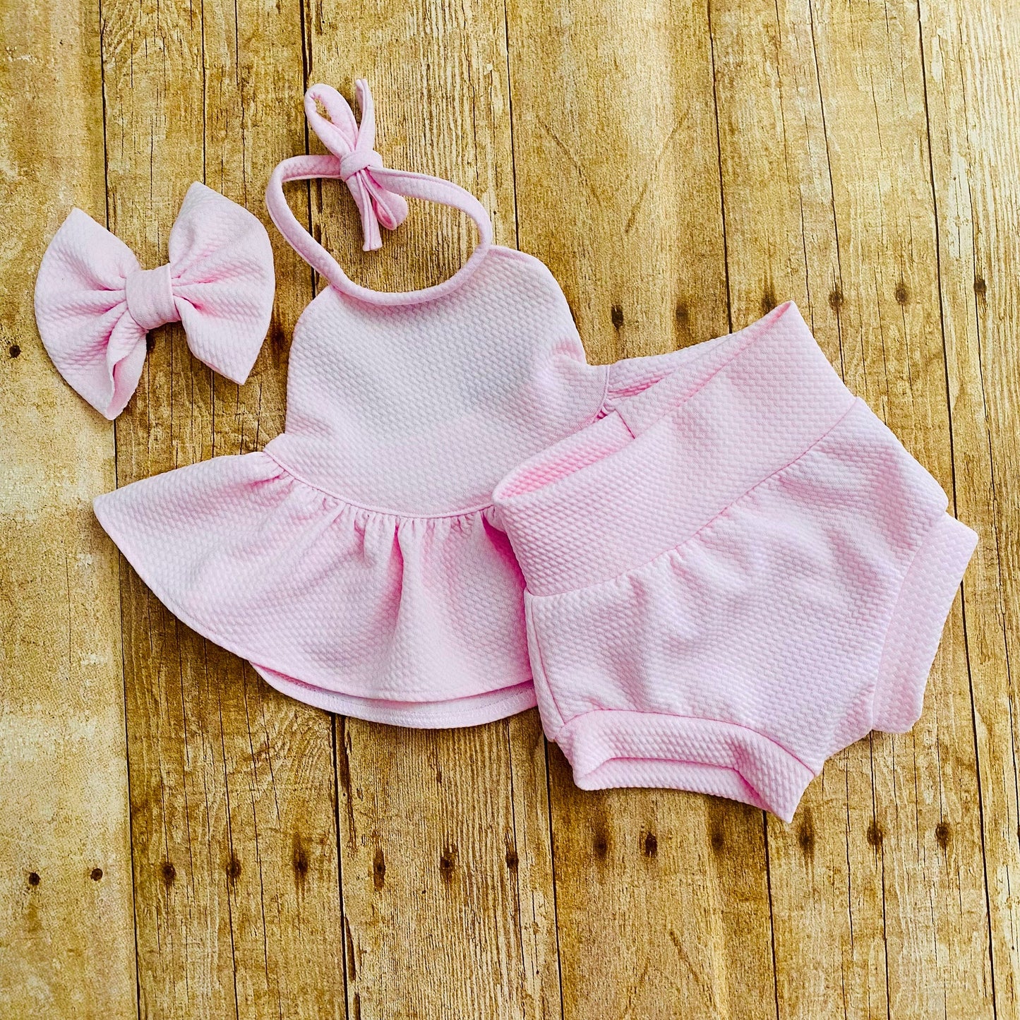 Handmade Pink Baby Outfit: Ruffled Halter Top, High Waist Bummies & Headband