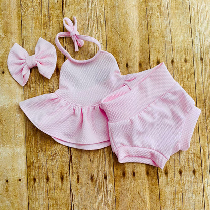 Handmade Pink Baby Outfit: Ruffled Halter Top, High Waist Bummies & Headband
