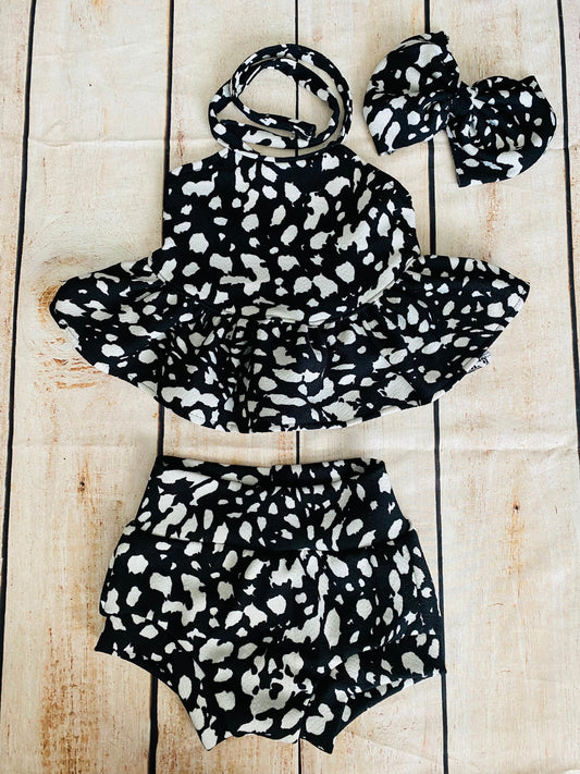 Handmade Cow Print Baby Outfit: Ruffled Halter Top, Bummies & Headband