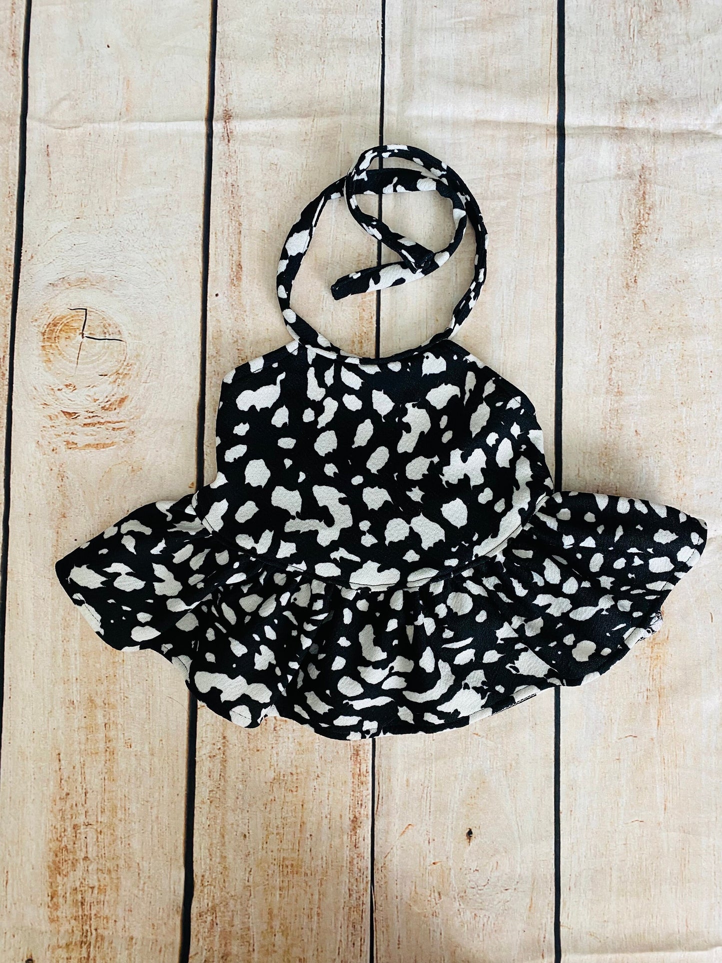 Handmade Cow Print Baby Outfit: Ruffled Halter Top, Bummies & Headband