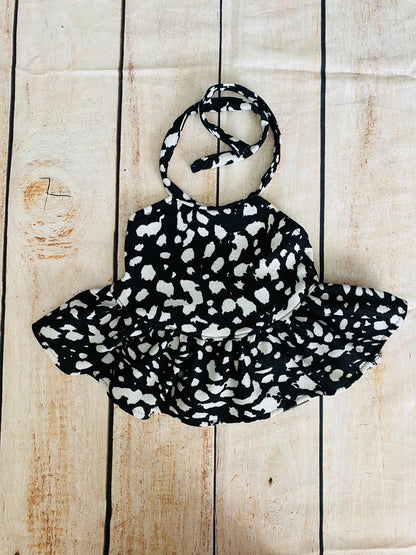 Handmade Cow Print Baby Outfit: Ruffled Halter Top, Bummies & Headband