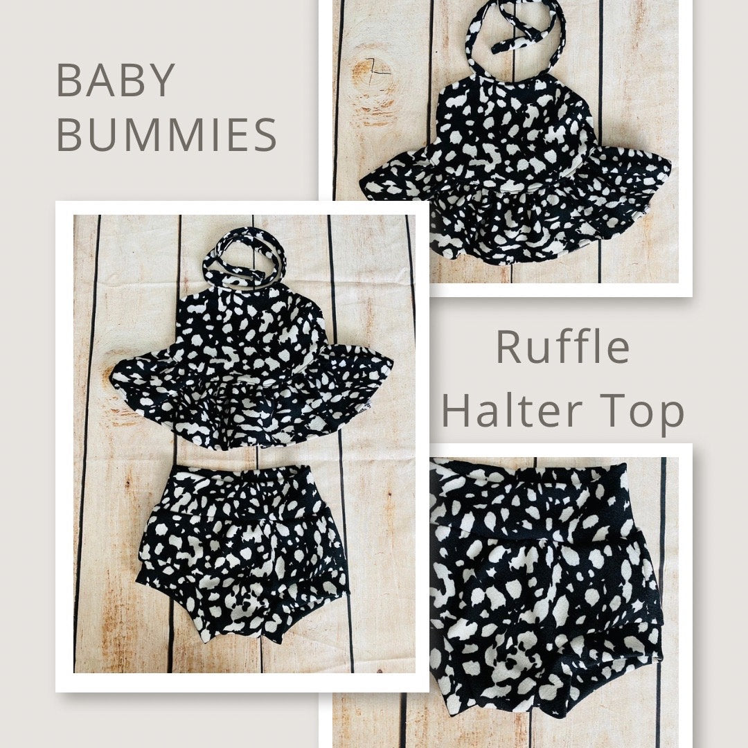 Handmade Cow Print Baby Outfit: Ruffled Halter Top, Bummies & Headband