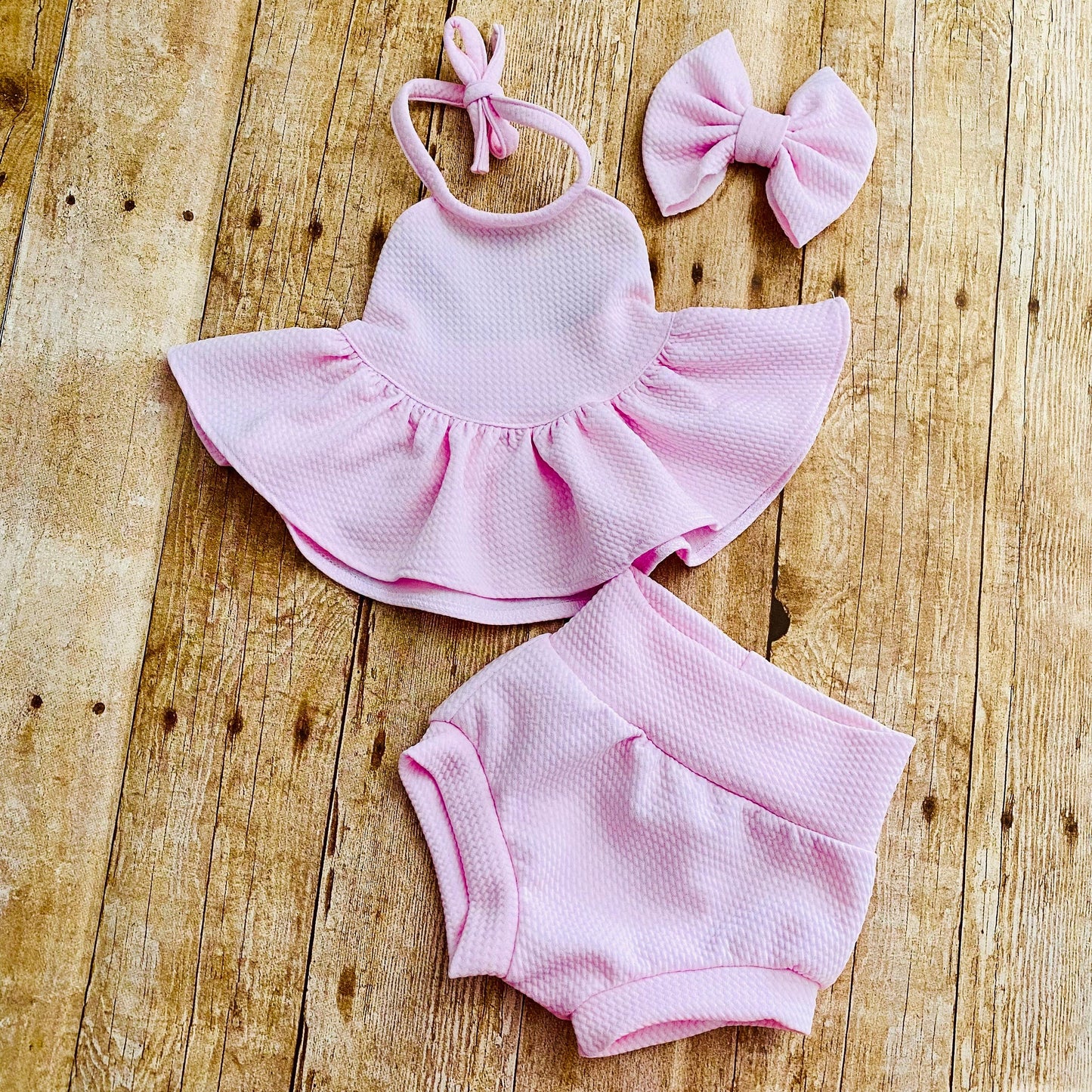 Handmade Pink Baby Outfit: Ruffled Halter Top, High Waist Bummies & Headband