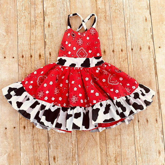 Western Cowgirl Girls' Dress for Birthday Party - Red Bandana, Cow Print, Ruffle Trim, Crisscross Back