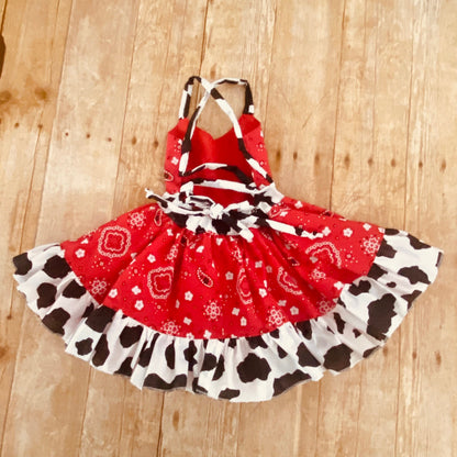 Western Cowgirl Girls' Dress for Birthday Party - Red Bandana, Cow Print, Ruffle Trim, Crisscross Back