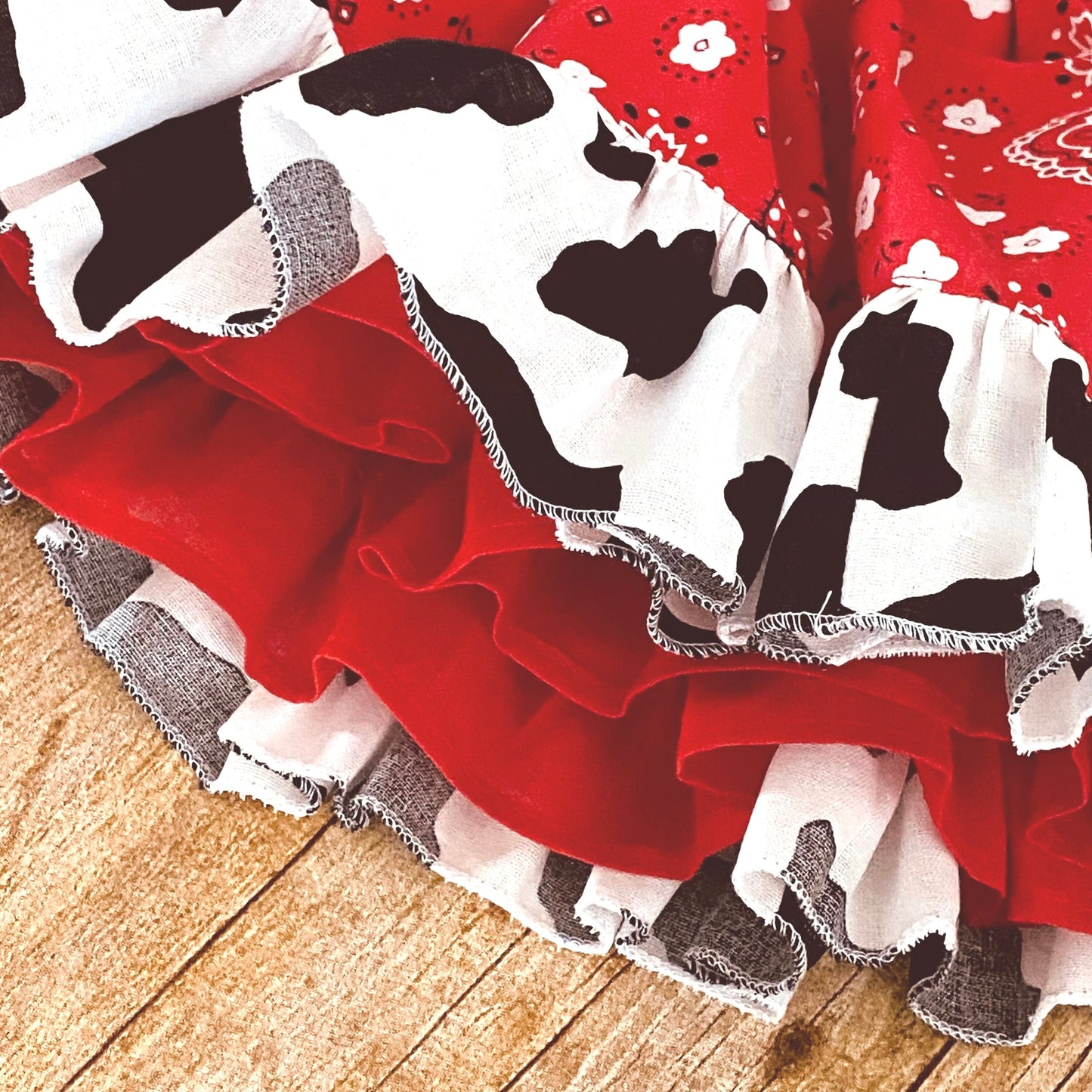 Western Cowgirl Girls' Dress for Birthday Party - Red Bandana, Cow Print, Ruffle Trim, Crisscross Back