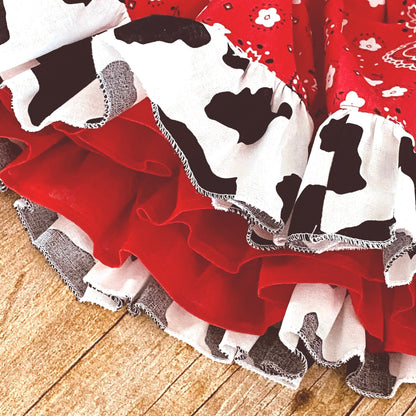 Western Cowgirl Girls' Dress for Birthday Party - Red Bandana, Cow Print, Ruffle Trim, Crisscross Back