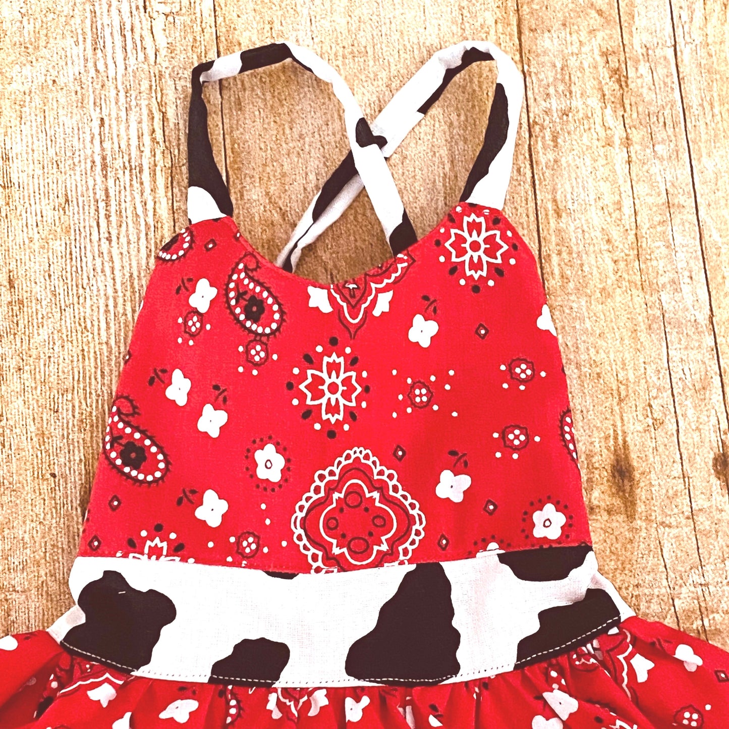 Western Cowgirl Girls' Dress for Birthday Party - Red Bandana, Cow Print, Ruffle Trim, Crisscross Back