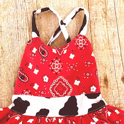 Western Cowgirl Girls' Dress for Birthday Party - Red Bandana, Cow Print, Ruffle Trim, Crisscross Back