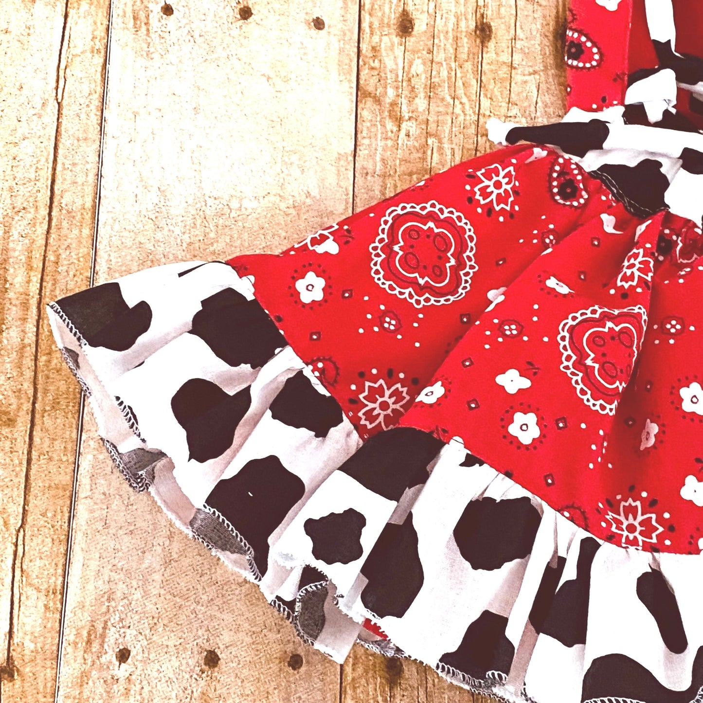 Western Cowgirl Girls' Dress for Birthday Party - Red Bandana, Cow Print, Ruffle Trim, Crisscross Back