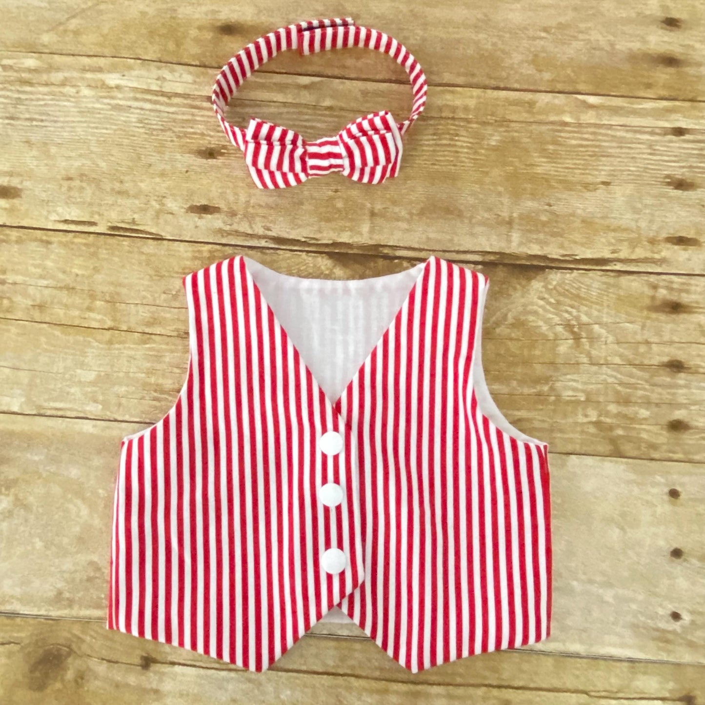 Red and White Striped Baby Vest and Bow Tie | Handmade Cotton Outfit