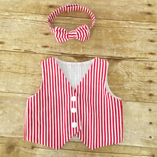 Red and White Striped Baby Vest and Bow Tie | Handmade Cotton Outfit
