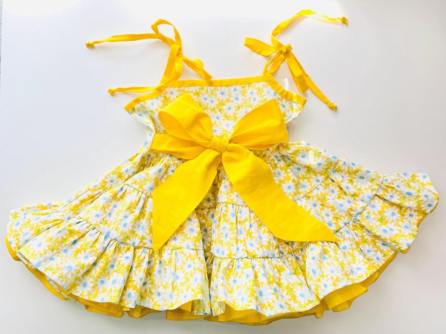 Girls Yellow Floral Sundress: Handmade Cotton Tiered Twirl Dress