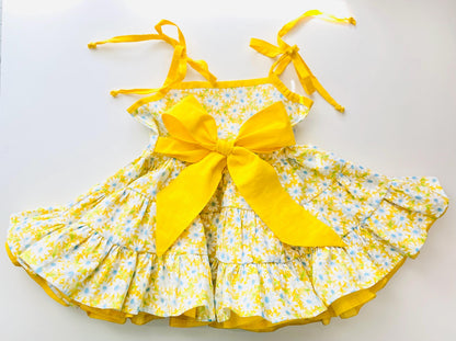 Girls Yellow Floral Sundress: Handmade Cotton Tiered Twirl Dress