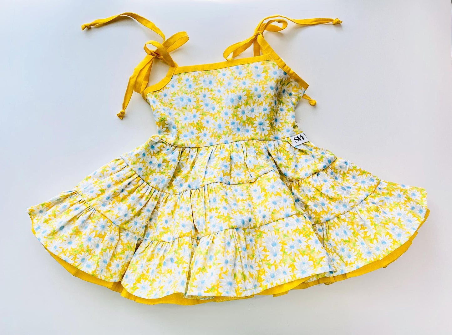 Girls Yellow Floral Sundress: Handmade Cotton Tiered Twirl Dress