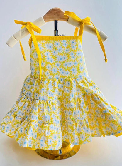 Girls Yellow Floral Sundress: Handmade Cotton Tiered Twirl Dress
