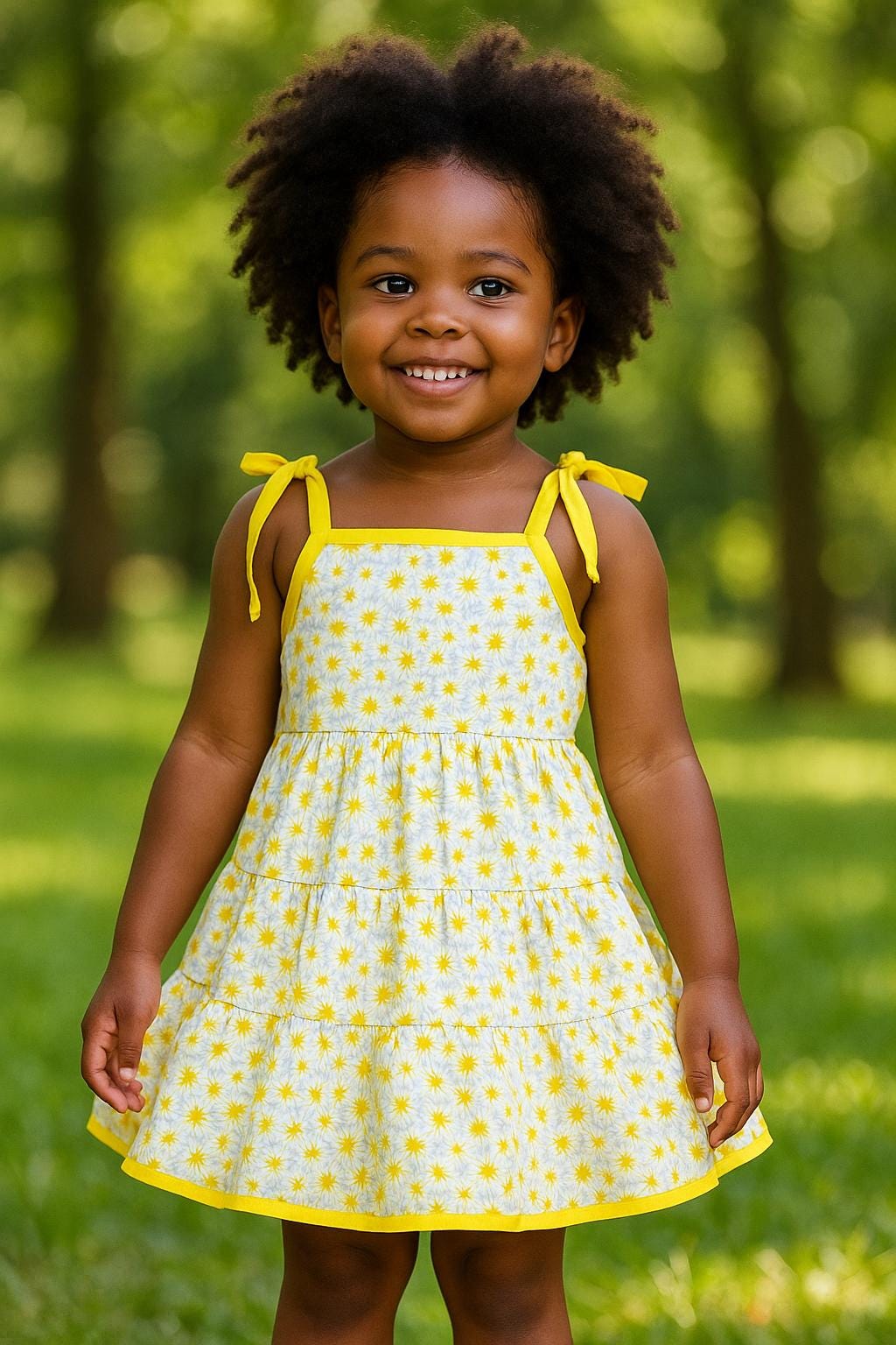 Girls Yellow Floral Sundress: Handmade Cotton Tiered Twirl Dress